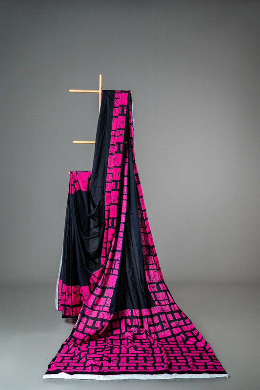 Bagru Handloom Mul Mul Cotton Saree – Pink & Black Block Print with Blouse