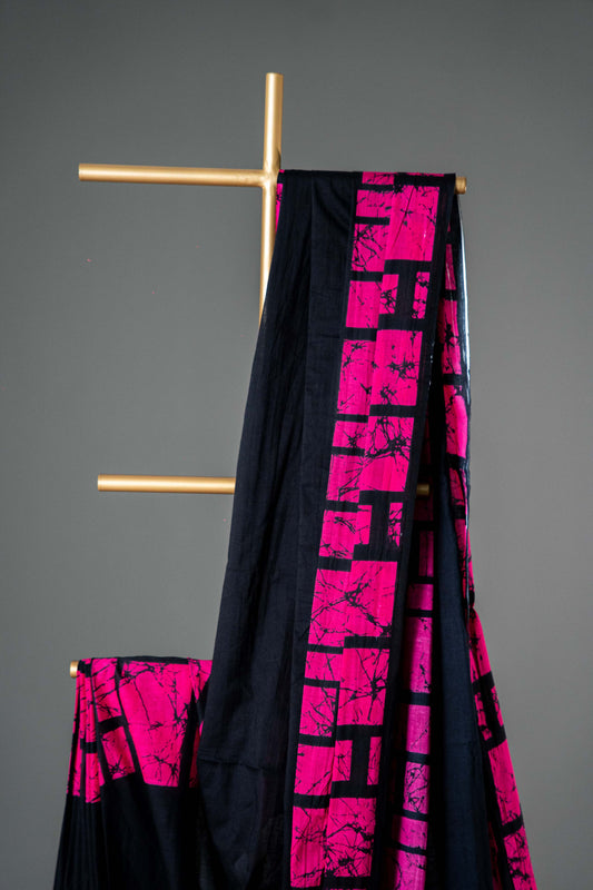 Bagru Handloom Mul Mul Cotton Saree – Pink & Black Block Print with Blouse - Atulyakarigari
