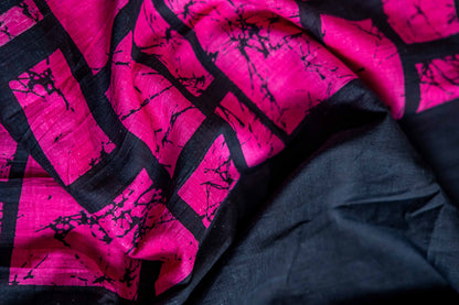 Bagru Handloom Mul Mul Cotton Saree – Pink & Black Block Print with Blouse