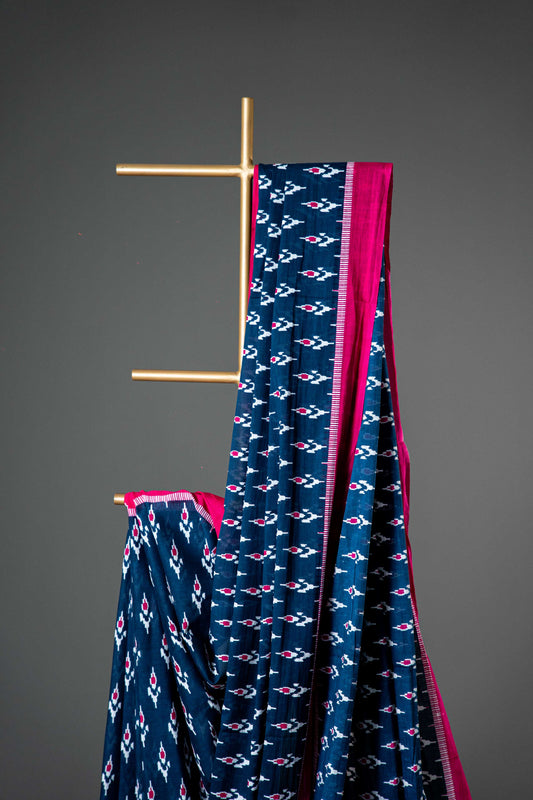 Bagru Handloom Mul Mul Cotton Saree – Black Block Print - Atulyakarigari