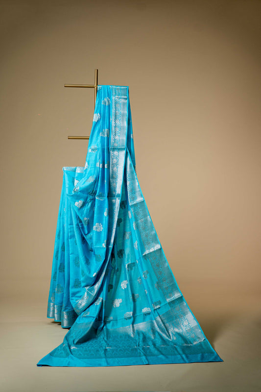 Light Feroza Banarsi Cotton Silk Saree – Big Rose Motif with Border