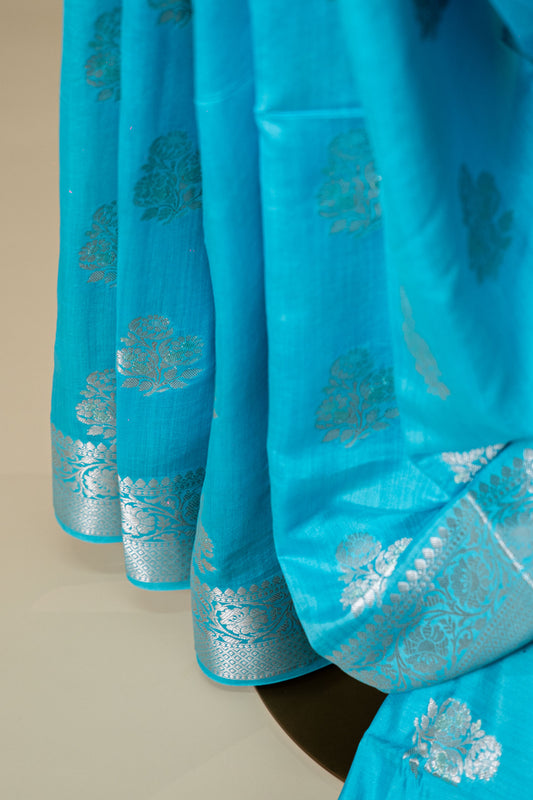 Light Feroza banarasi Cotton Silk Saree – Big Rose Motif with Border - Atulyakarigari