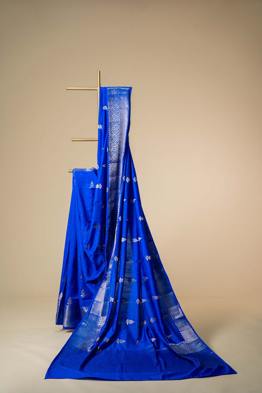 Royal Blue Banarsi Cotton Silk Saree – Kalgi Leaf with Floral Motif