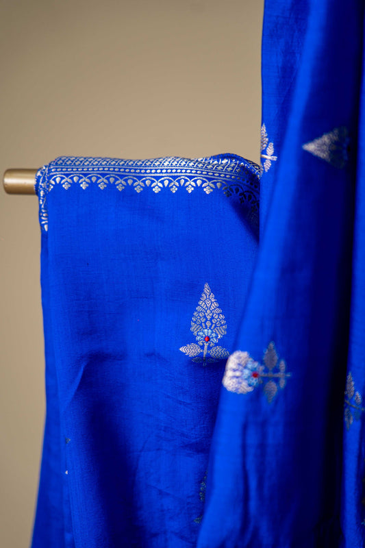 Royal Blue banarasi Cotton Silk Saree – Kalgi Leaf with Floral Motif - Atulyakarigari