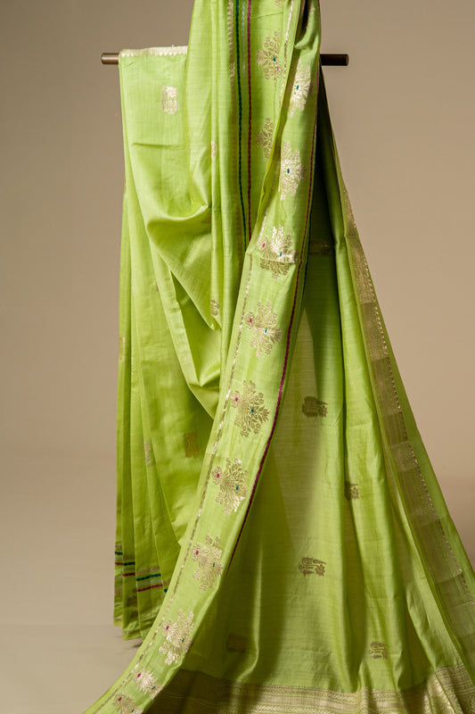 Light Olive Green banarasi Cotton Silk Saree – Leaf Motif with Double Border - Atulyakarigari