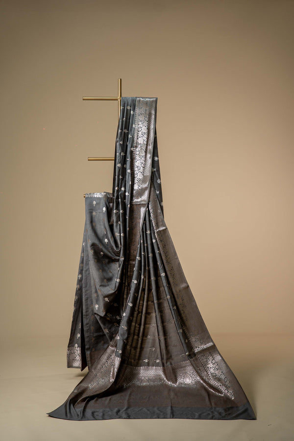 Grey banarasi Cotton Silk Saree – Small Flower Stem Motif with Border