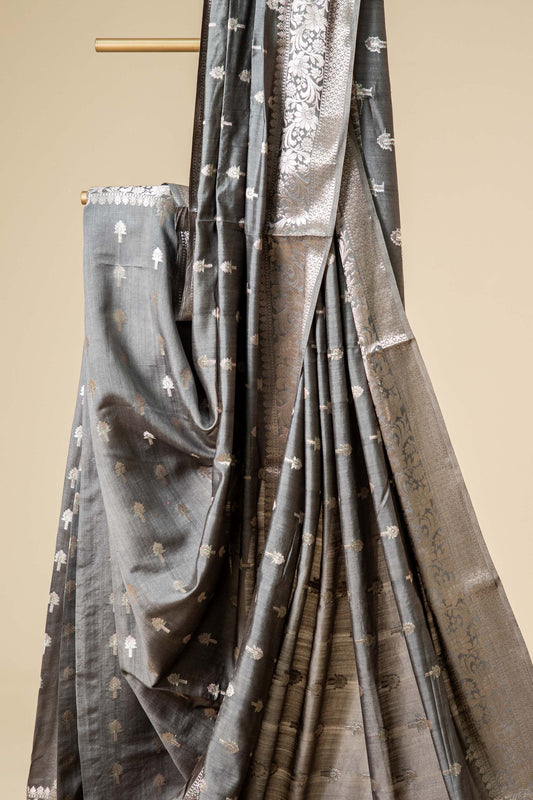 Grey banarasi Cotton Silk Saree – Small Flower Stem Motif with Border - Atulyakarigari