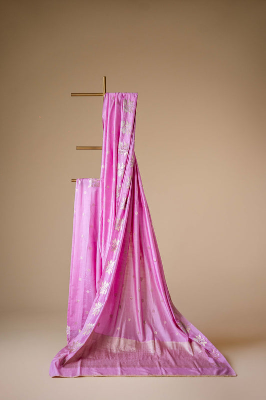 Light Pink Banarsi Cotton Silk Saree – Small Booti with Border