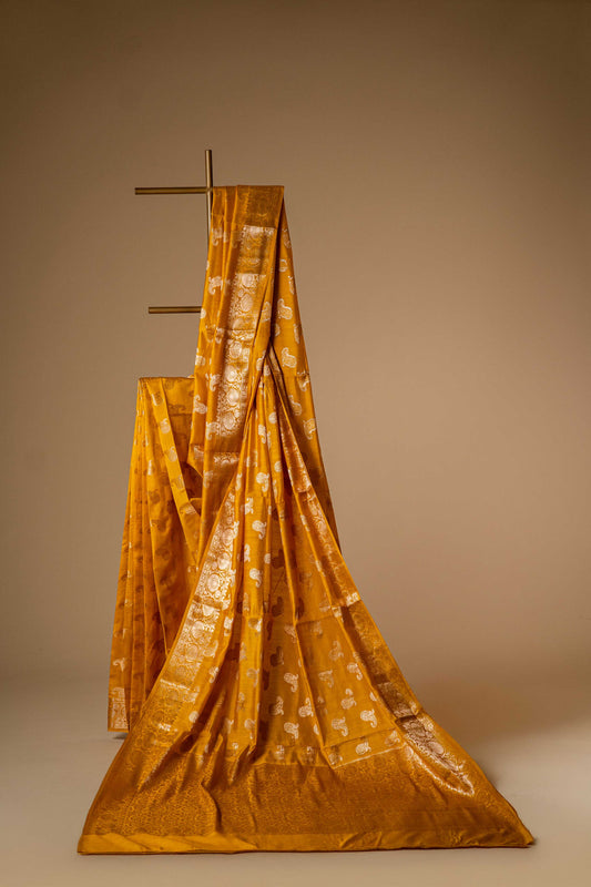 Haldi Yellow Banarsi Cotton Silk Saree – Ambi Mughlai Motif