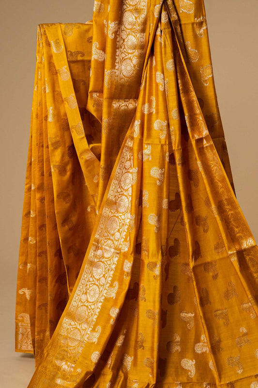 Haldi Yellow banarasi Cotton Silk Saree – Ambi Mughlai Motif - Atulyakarigari
