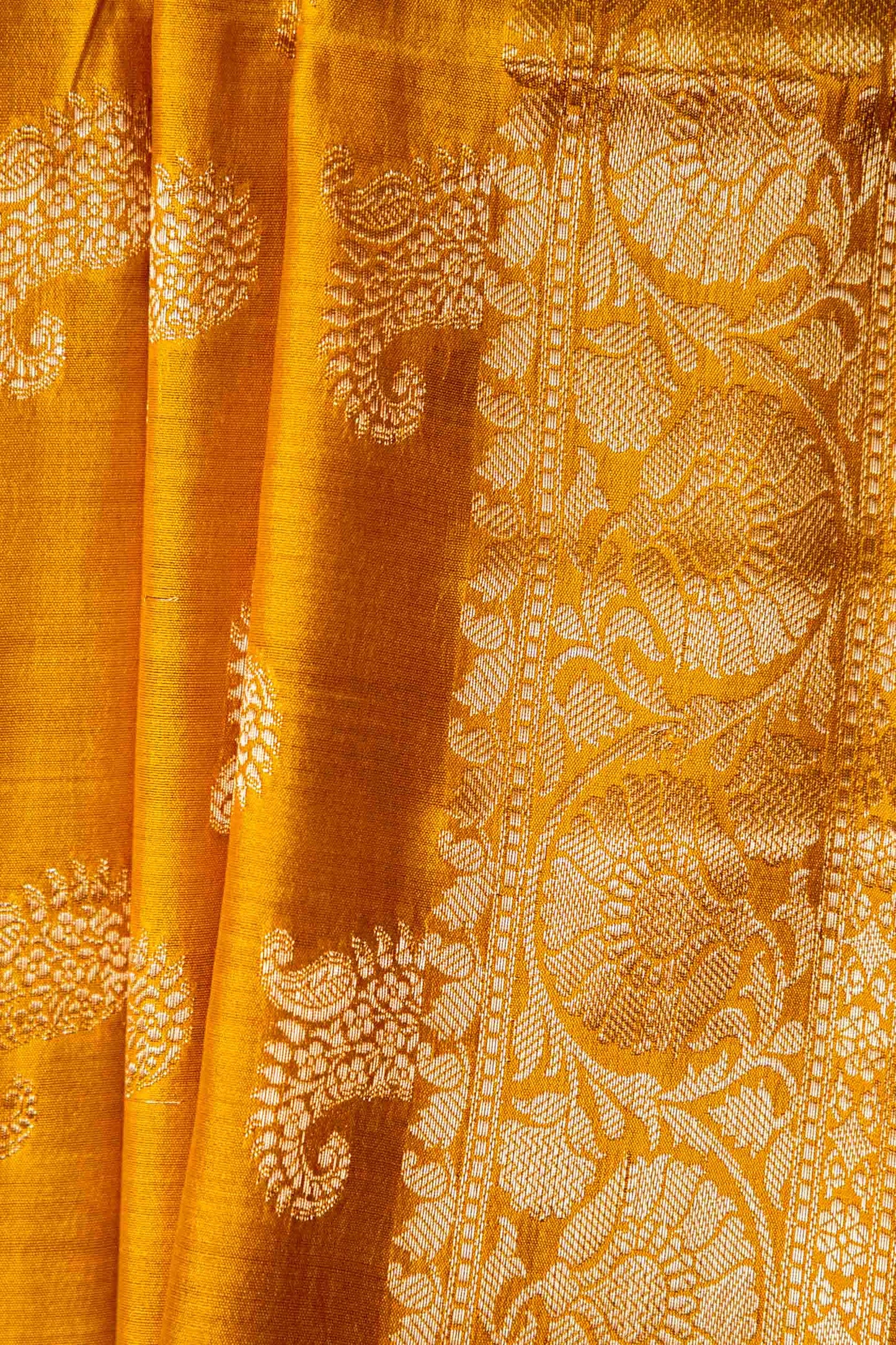 Haldi Yellow Banarsi Cotton Silk Saree – Ambi Mughlai Motif