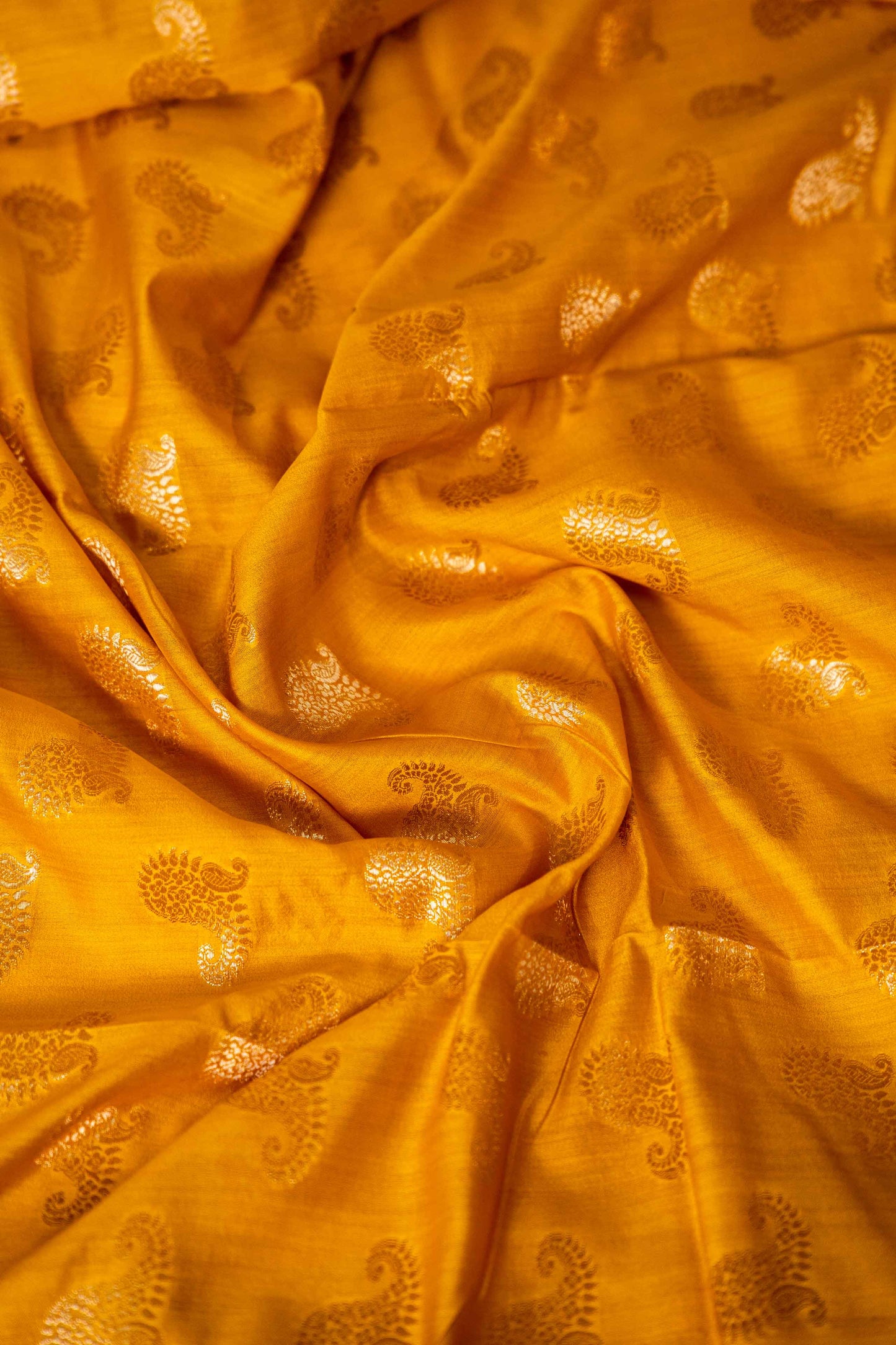 Haldi Yellow Banarsi Cotton Silk Saree – Ambi Mughlai Motif