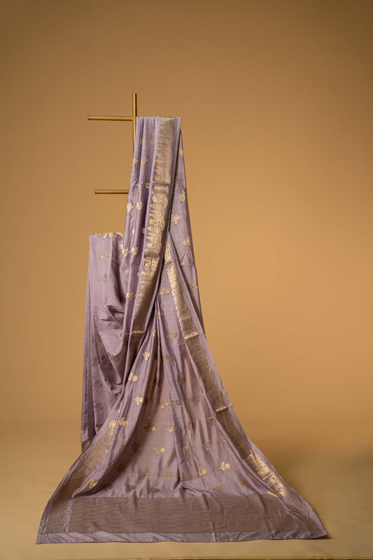 Mauve Banarsi Cotton Silk Saree – Floral Motifs with Border