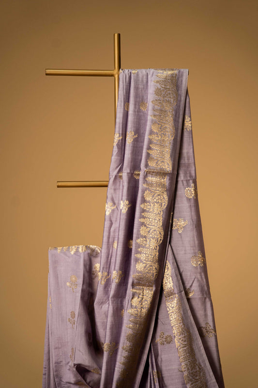 Mauve banarasi Cotton Silk Saree – Floral Motifs with Border - Atulyakarigari