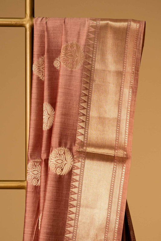 Dark Peach banarasi Cotton Silk Saree – Bold Motifs All Over - Atulyakarigari