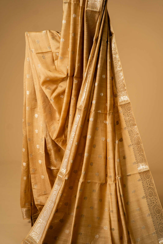 Light Peach banarasi Cotton Silk Saree – Small Booti with Border - Atulyakarigari