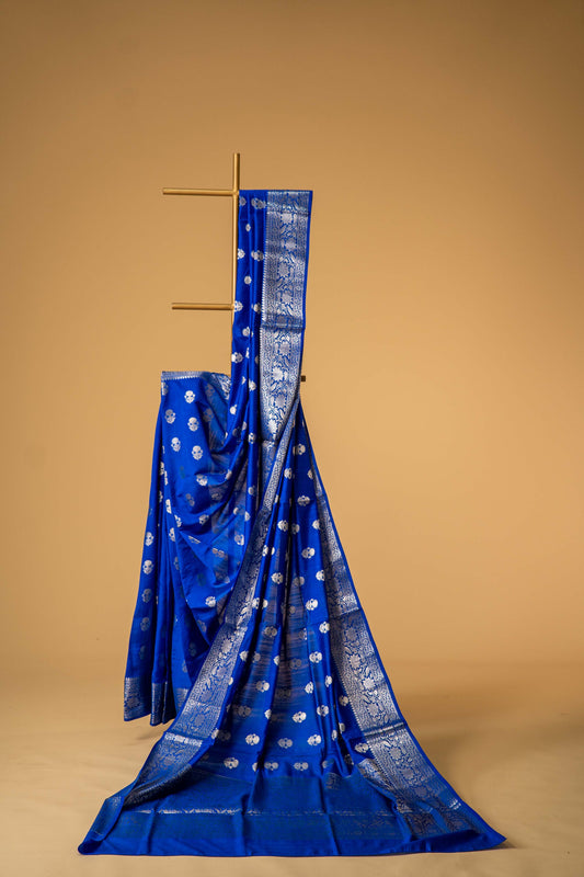 Navy Blue Banarsi Cotton Silk Saree – Marigold Motif with Border
