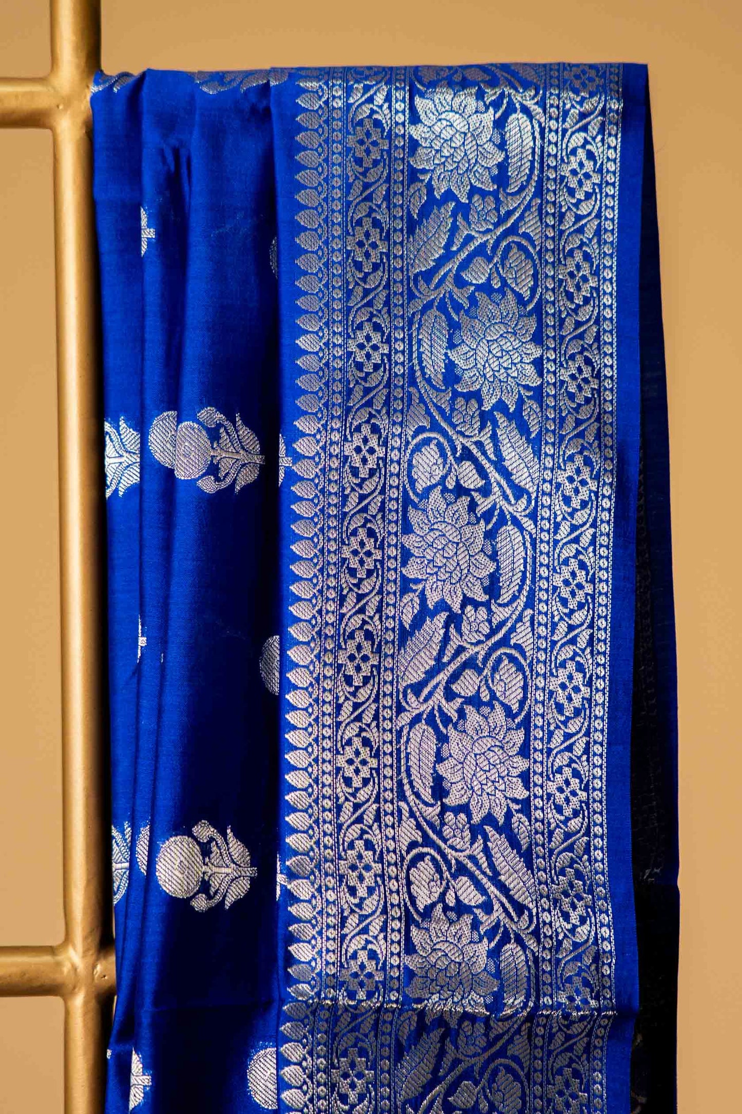 Navy Blue Banarsi Cotton Silk Saree – Marigold Motif with Border