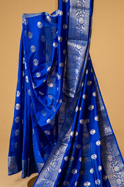 Navy Blue Banarsi Cotton Silk Saree – Marigold Motif with Border