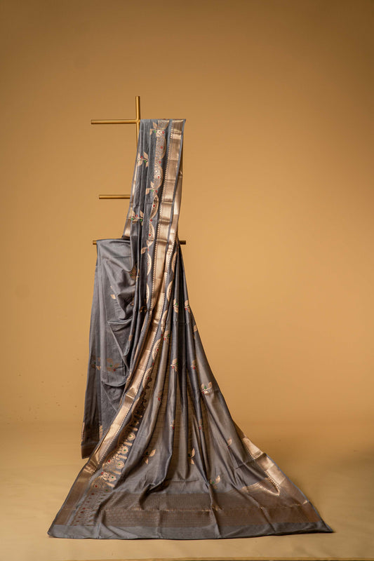 Greyish Blue Banarsi Cotton Silk Saree – Leaf Motif with Border