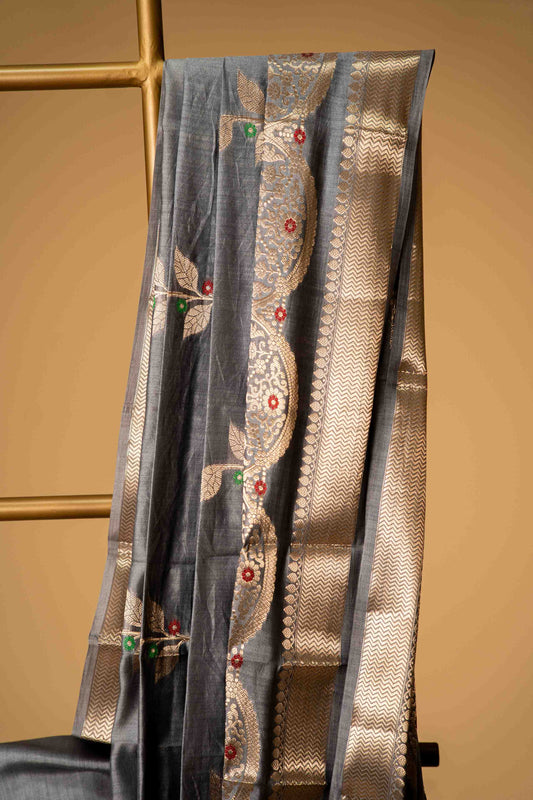 Greyish Blue banarasi Cotton Silk Saree – Leaf Motif with Border - Atulyakarigari