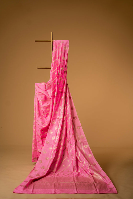 Baby Pink Banarsi Cotton Silk Saree – Small Butti with Stripes