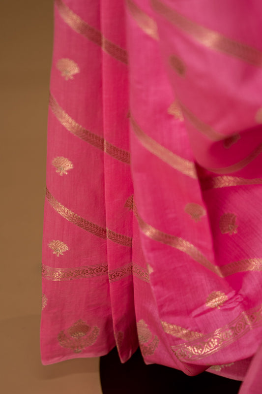 Baby Pink banarasi Cotton Silk Saree – Small Butti with Stripes - Atulyakarigari