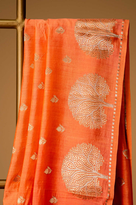 Orange banarasi Cotton Silk Saree – Small Booti with Border - Atulyakarigari