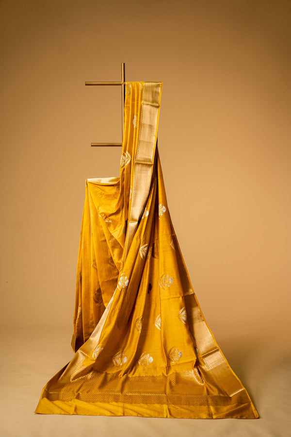 Mustard Yellow banarasi Cotton Silk Saree – Bunch Floral Motif