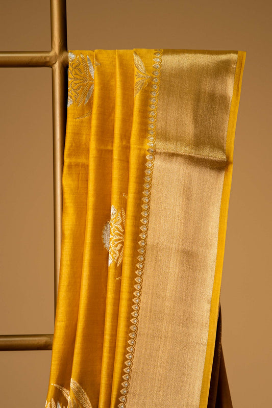 Mustard Yellow banarasi Cotton Silk Saree – Bunch Floral Motif - Atulyakarigari