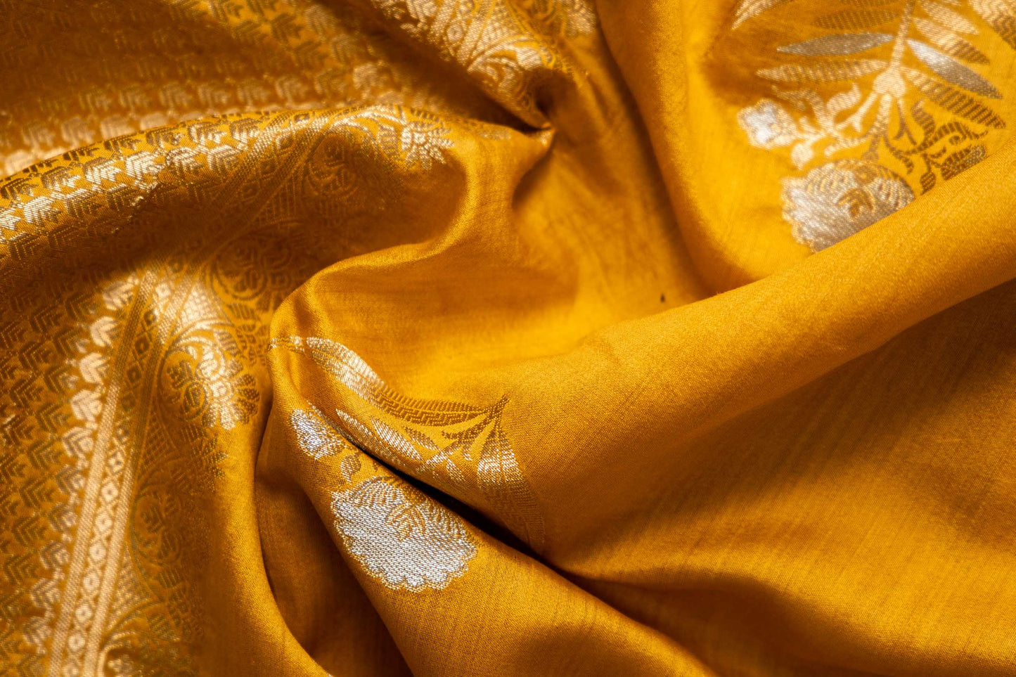 Mustard Yellow Banarsi Cotton Silk Saree – Bunch Floral Motif