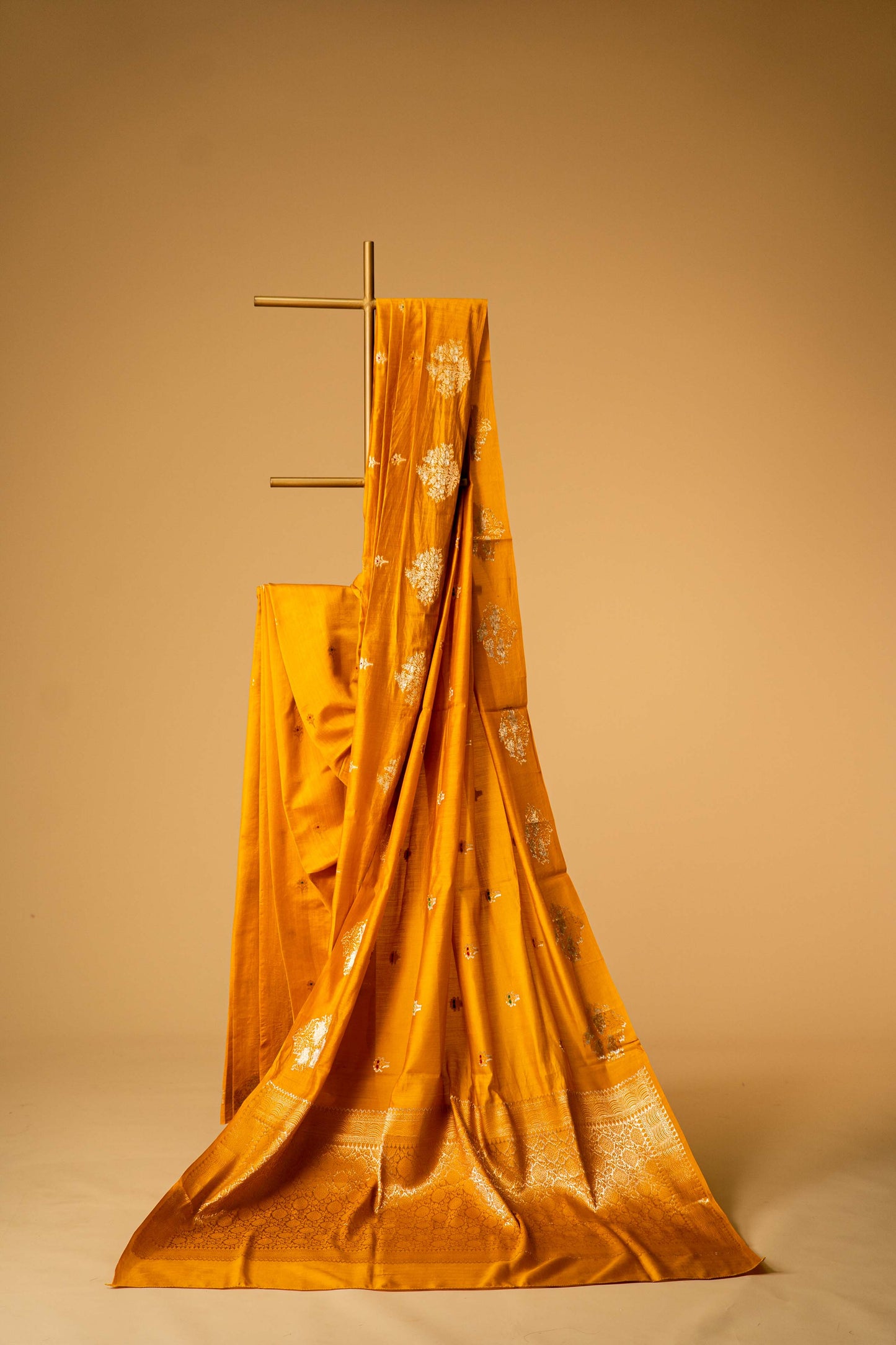 Haldi Yellow Banarsi Cotton Silk Saree – Small Booti with Border