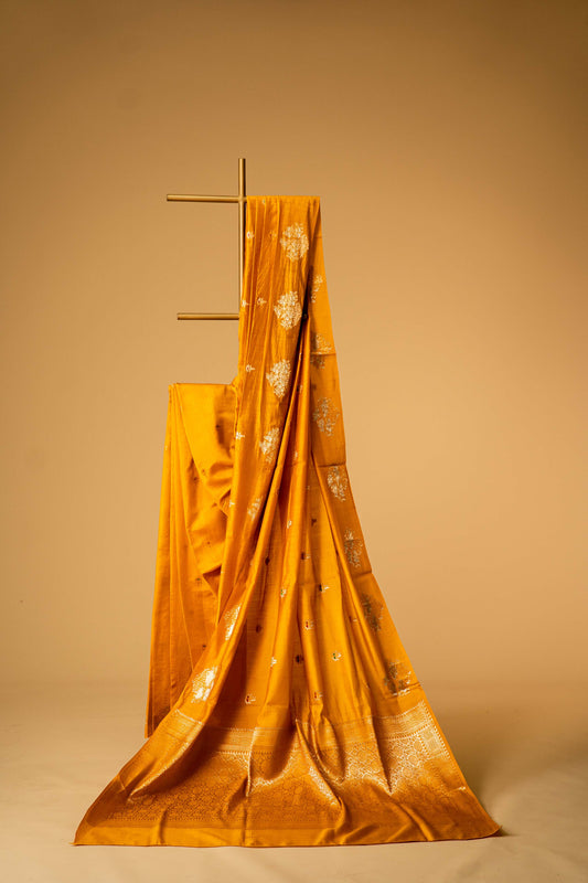 Haldi Yellow Banarsi Cotton Silk Saree – Small Booti with Border