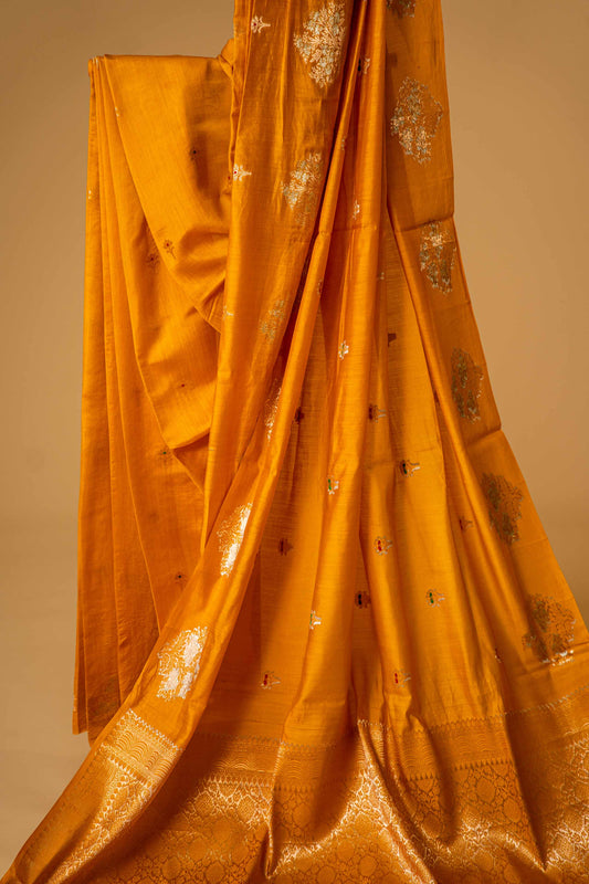 Haldi Yellow banarasi Cotton Silk Saree – Small Booti with Border - Atulyakarigari
