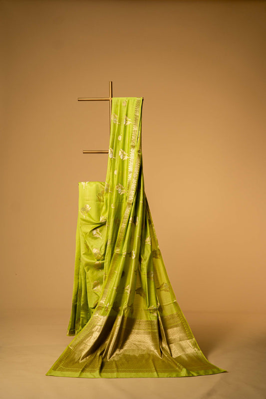 Olive Green Banarsi Cotton Silk Saree – Twin Flower Motif with Border