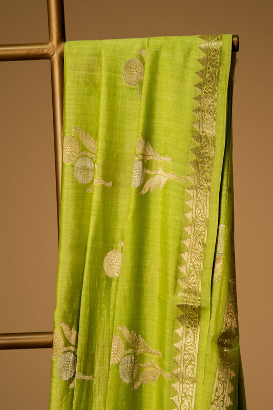 Olive Green banarasi Cotton Silk Saree – Twin Flower Motif with Border - Atulyakarigari
