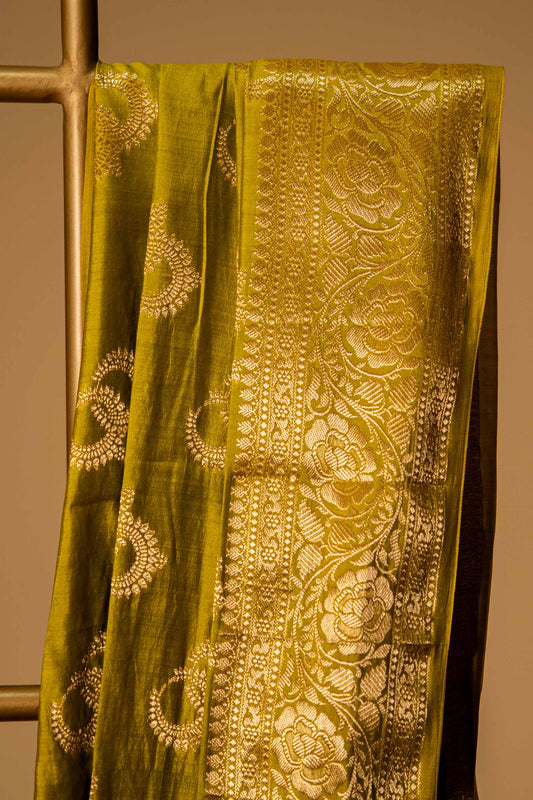 Mehandi Green banarasi Cotton Silk Saree – Ambi Motif with Border - Atulyakarigari