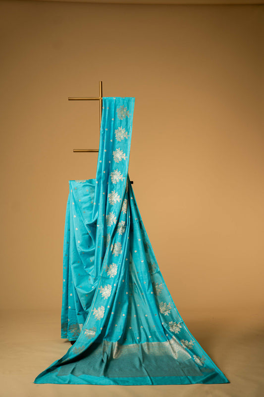 Turquoise Blue Banarsi Cotton Silk Saree – Small Booti with Border