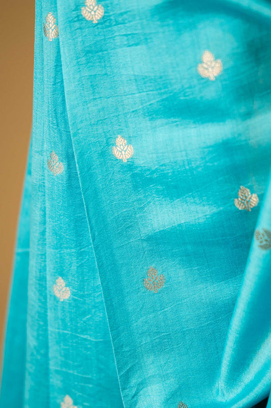 Turquoise Blue banarasi Cotton Silk Saree – Small Booti with Border - Atulyakarigari