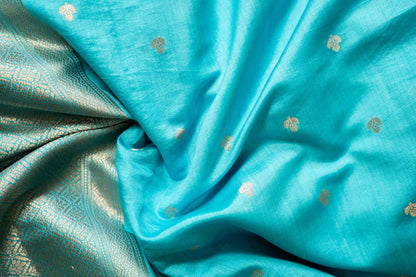 Turquoise Blue Banarsi Cotton Silk Saree – Small Booti with Border