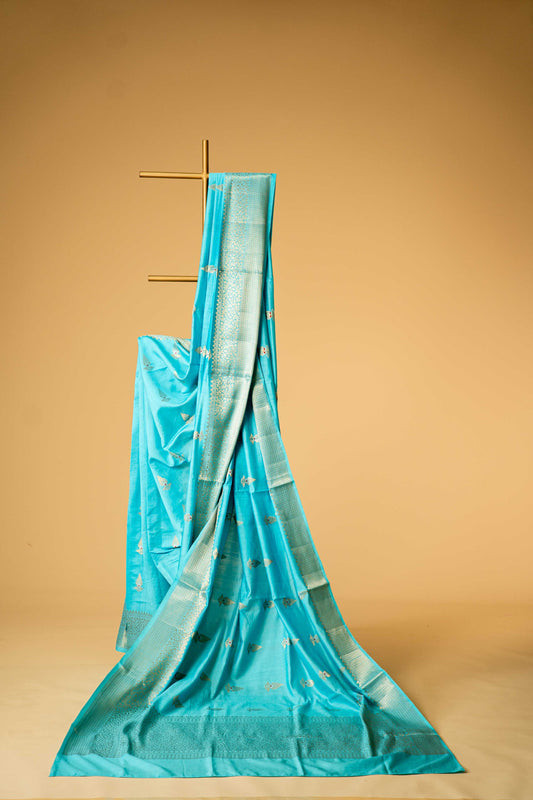 Light Feroza Banarsi Cotton Silk Saree – Leaf Motif with Border