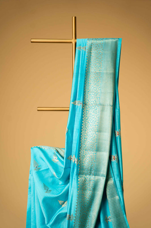 Light Feroza banarasi Cotton Silk Saree – Leaf Motif with Border - Atulyakarigari