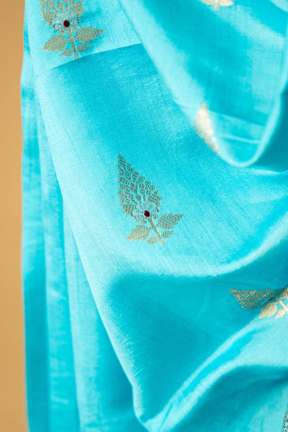 Light Feroza Banarsi Cotton Silk Saree – Leaf Motif with Border