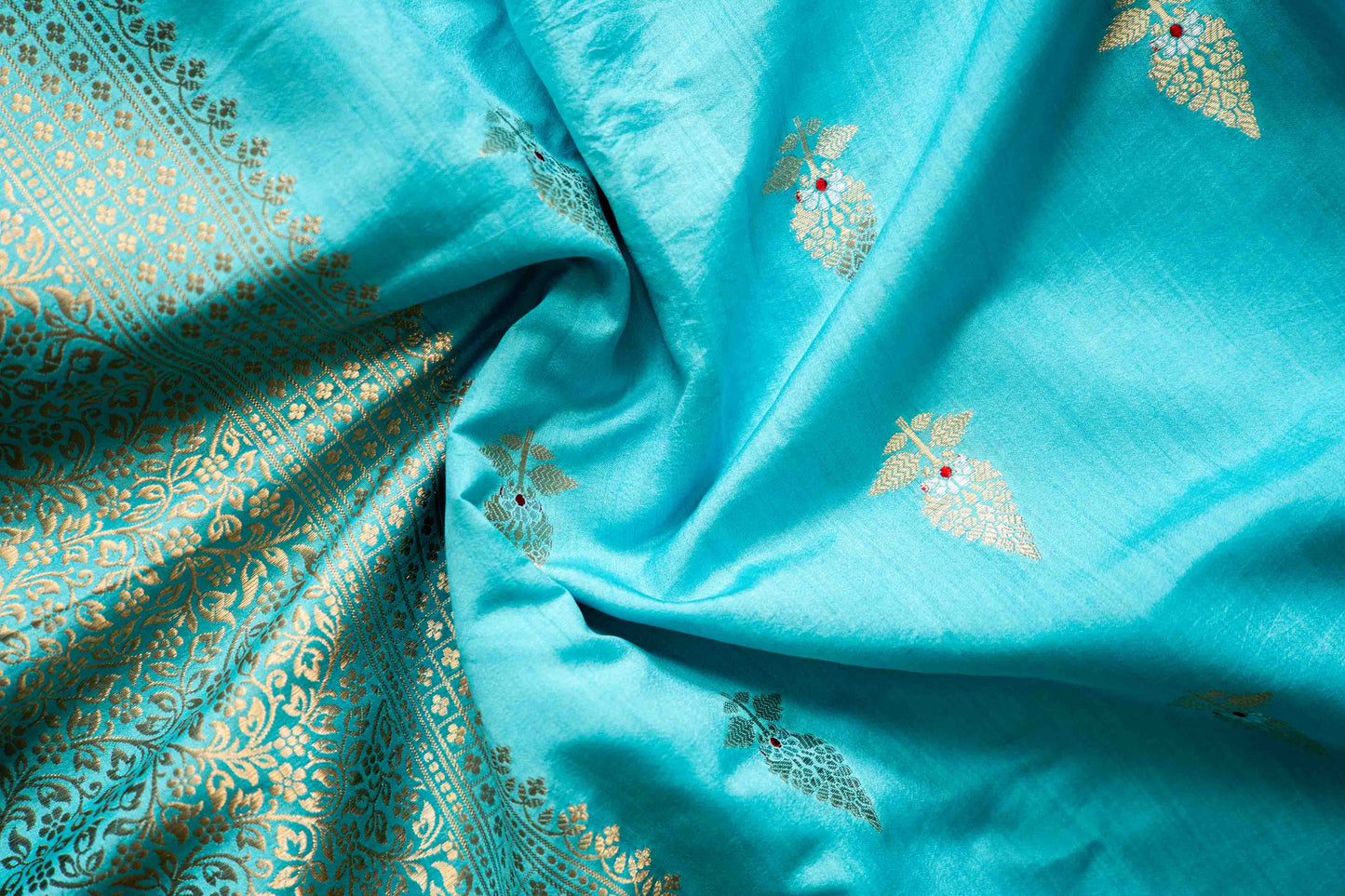 Light Feroza Banarsi Cotton Silk Saree – Leaf Motif with Border