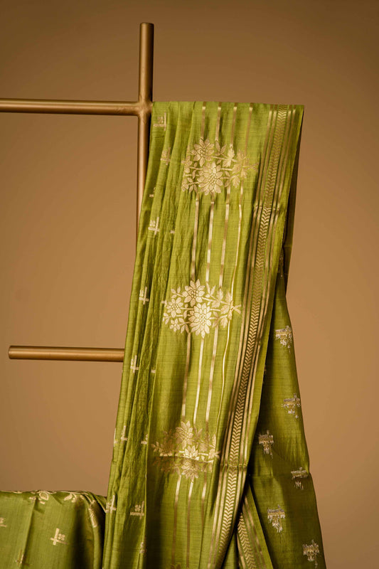 Mehandi Green banarasi Cotton Silk Saree – Geometrical Motifs - Atulyakarigari