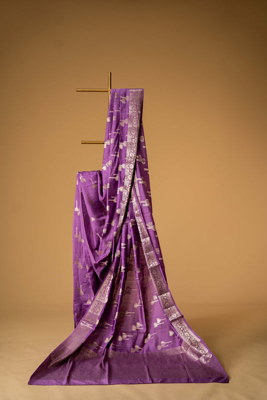 Purple Banarsi Cotton Silk Saree – Mace Motif with Border