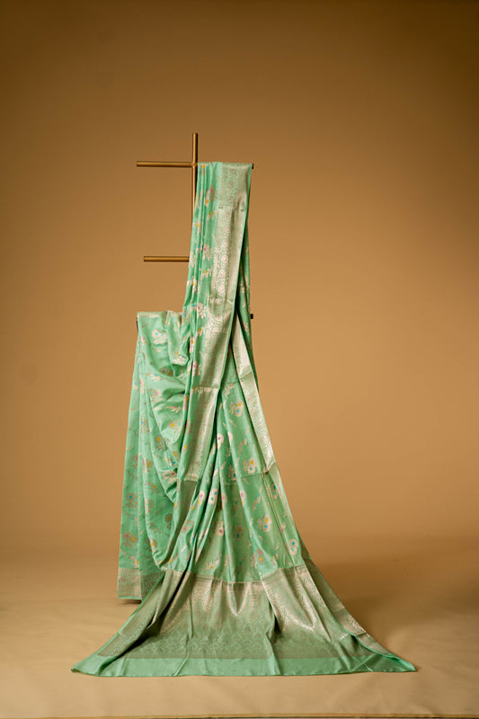 Pista Green Banarsi Cotton Silk Saree – Big Floral with Bel Work