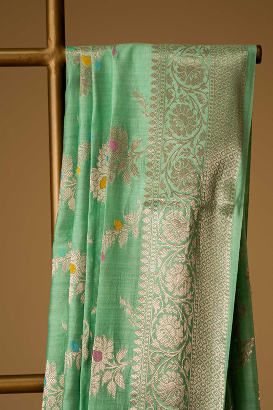 Pista Green banarasi Cotton Silk Saree – Big Floral with Bel Work - Atulyakarigari