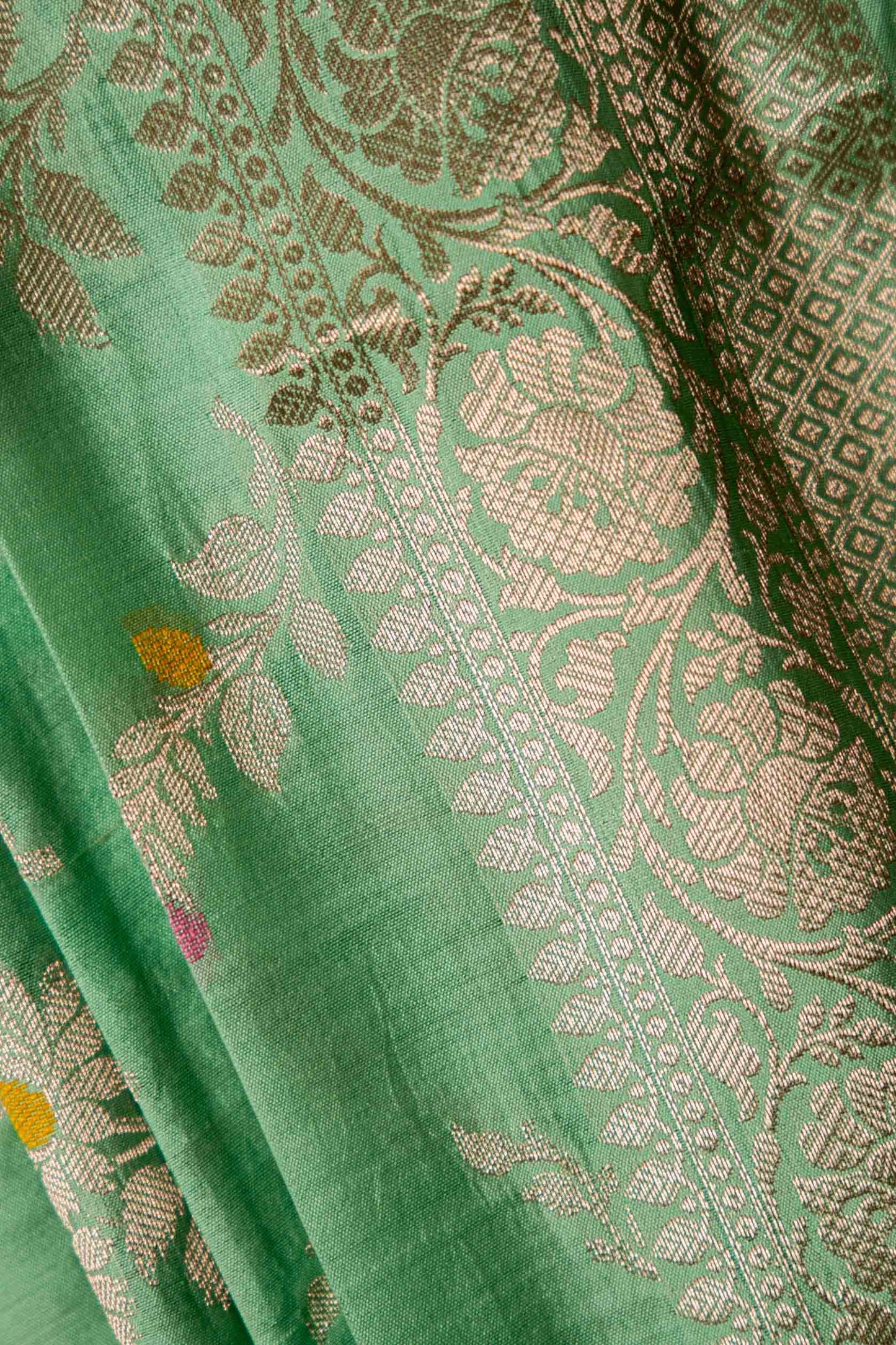 Pista Green Banarsi Cotton Silk Saree – Big Floral with Bel Work