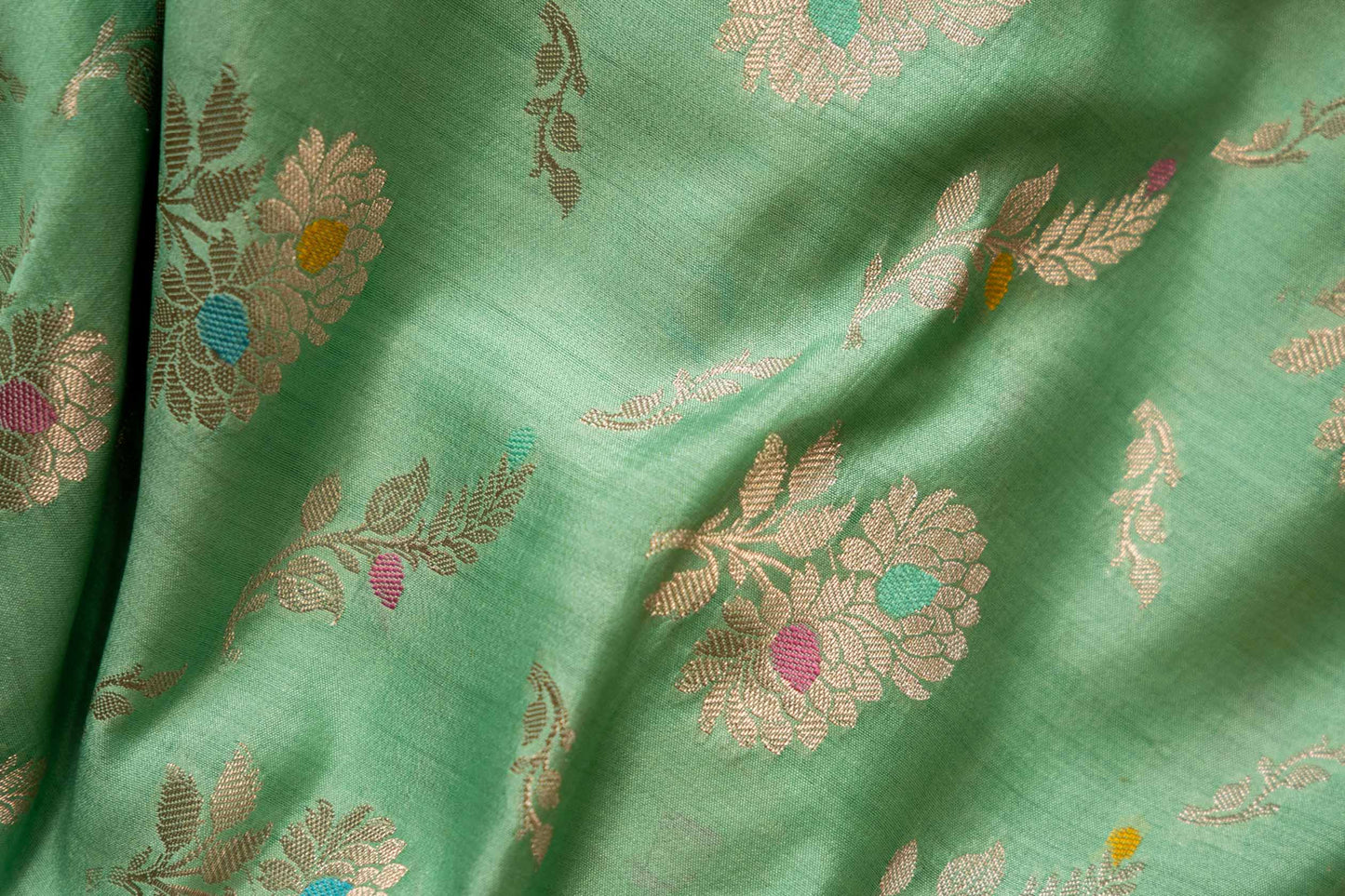 Pista Green Banarsi Cotton Silk Saree – Big Floral with Bel Work